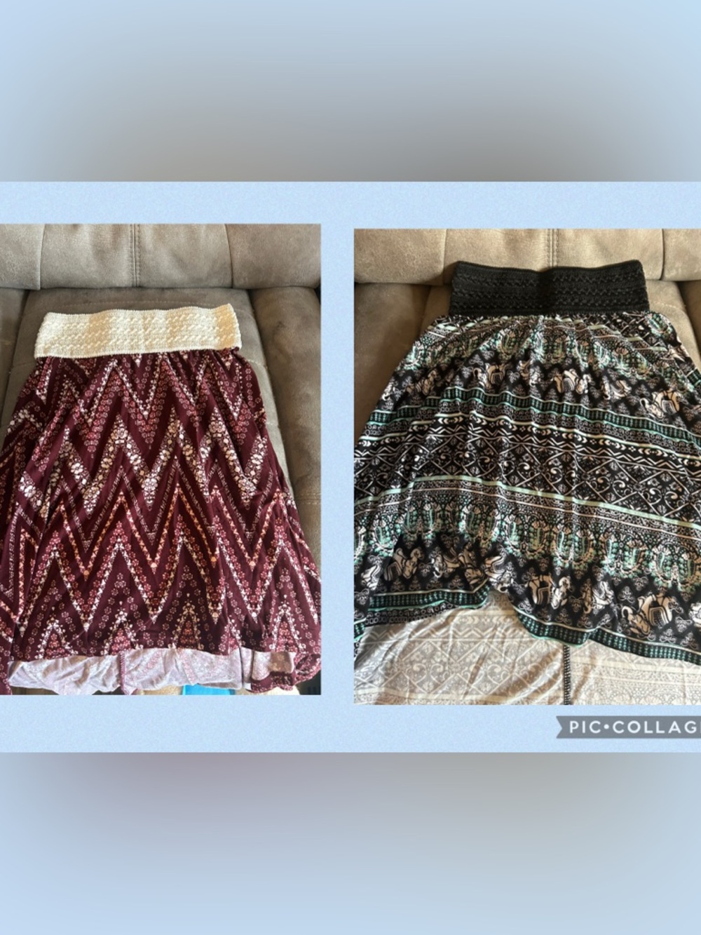 2 Women’s Skirts — Burgundy/Cream and Black/Teal